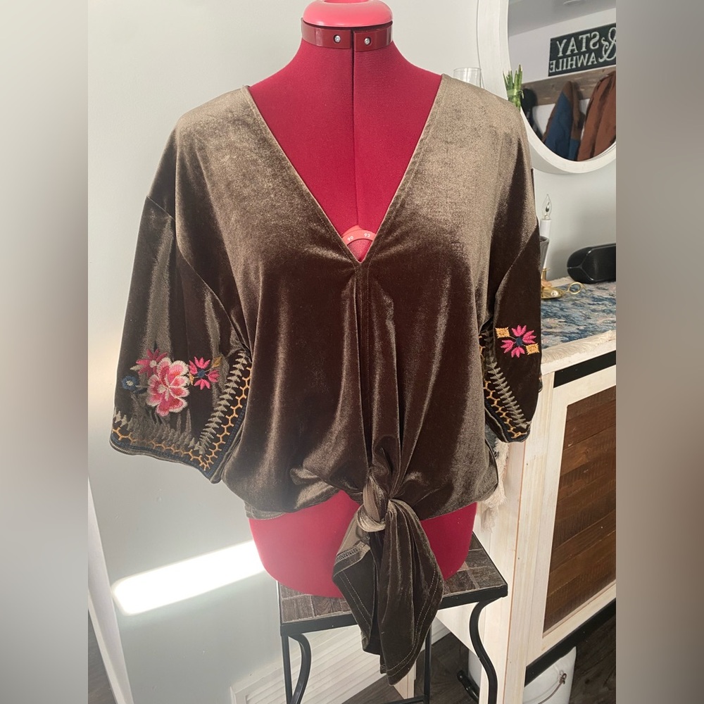 Chic Velvet Blouse with Floral Embroidery